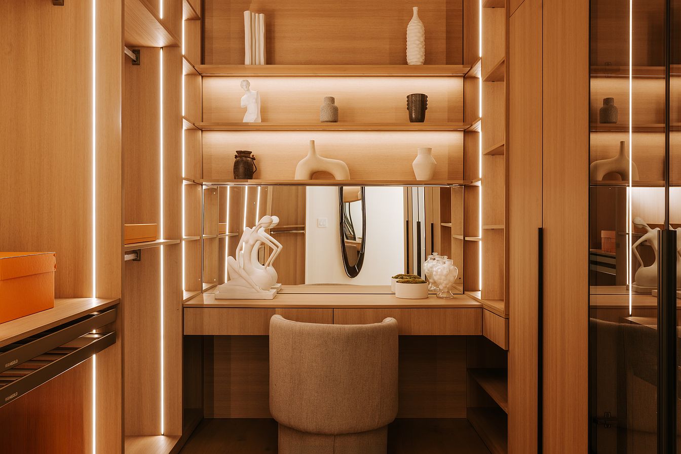 Casa Serena dressing room with illuminated wood cabinetry, Tarzana, California